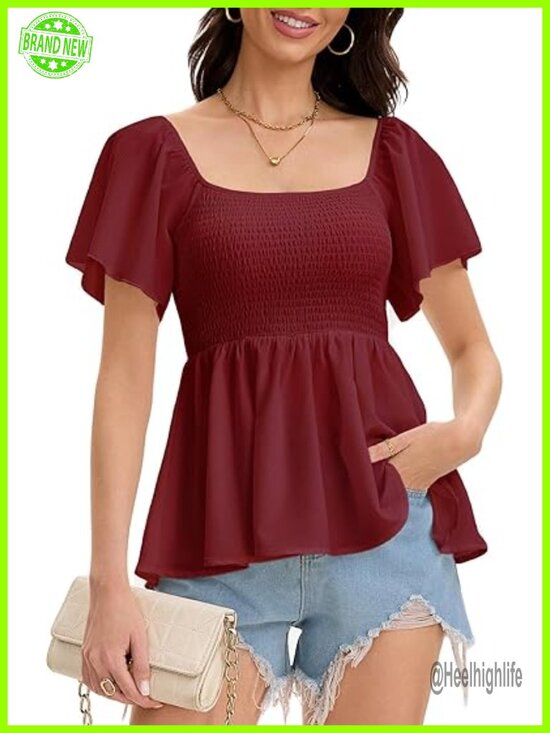 Tops - Peplum Blouse Square Neck Ruffle Trim Short Sleeve Top Dressy Casual Shirts